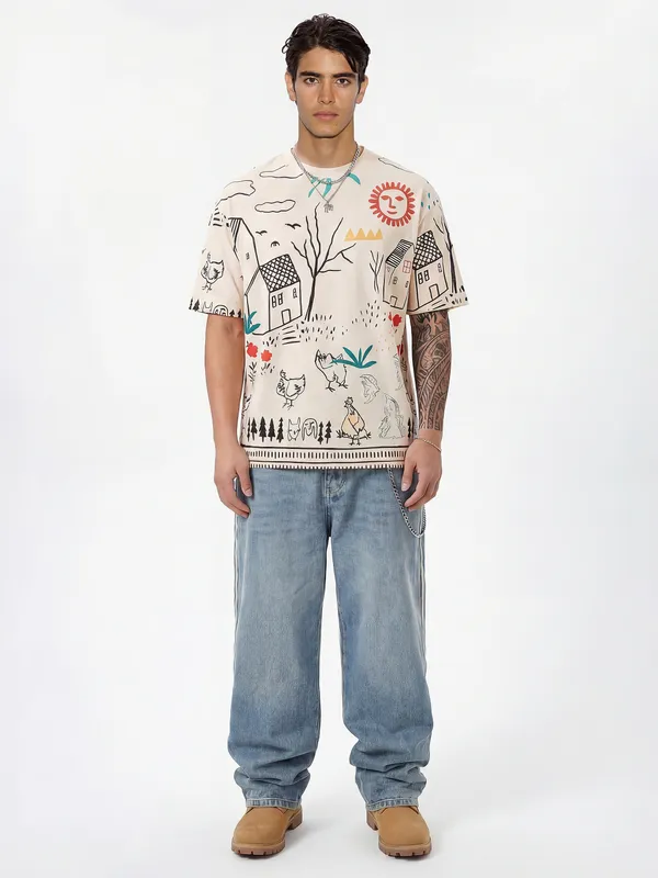 Highlander Men Off White Printed Round Neck T-Shirt