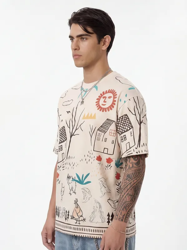 Highlander Men Off White Printed Round Neck T-Shirt
