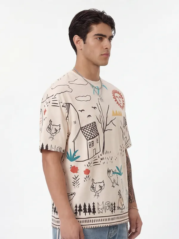 Highlander Men Off White Printed Round Neck T-Shirt