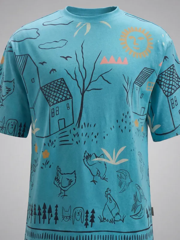 Highlander Men Blue Printed Round Neck T-Shirt