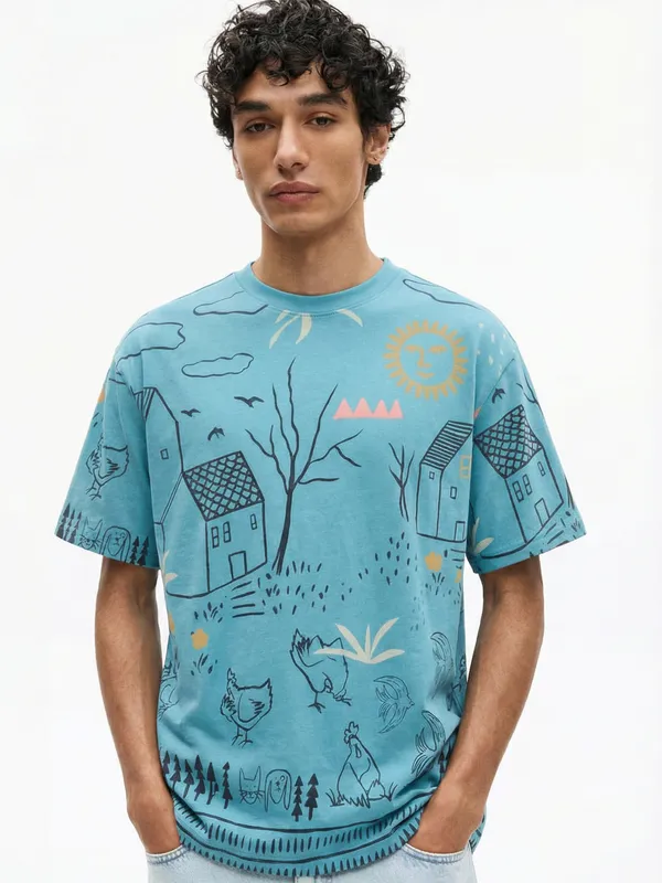 Highlander Men Blue Printed Round Neck T-Shirt