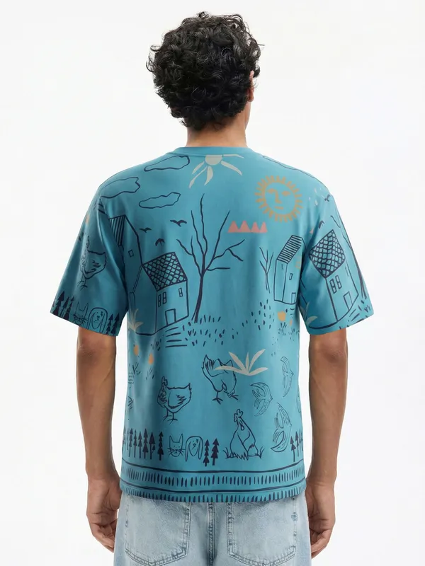 Highlander Men Blue Printed Round Neck T-Shirt