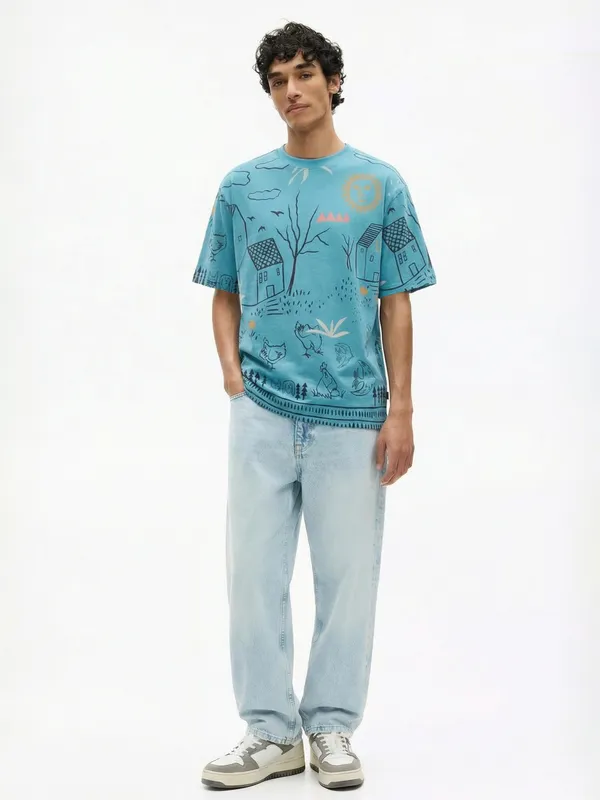 Highlander Men Blue Printed Round Neck T-Shirt