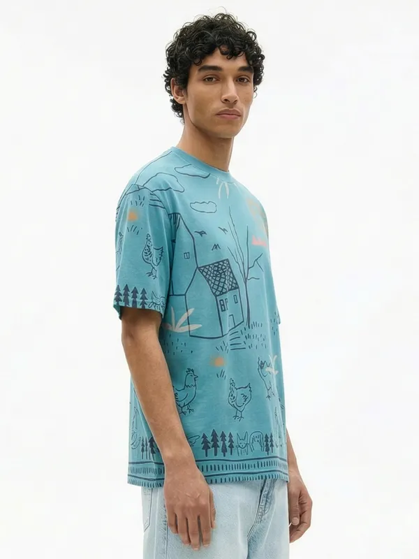 Highlander Men Blue Printed Round Neck T-Shirt