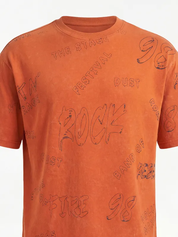 Highlander Men Orange Printed Round Neck T-Shirt