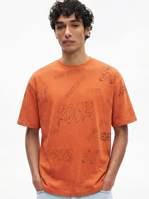 Highlander Men Orange Printed Round Neck T-Shirt
