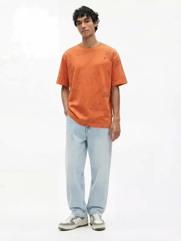 Highlander Men Orange Printed Round Neck T-Shirt