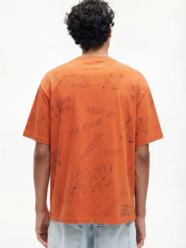Highlander Men Orange Printed Round Neck T-Shirt