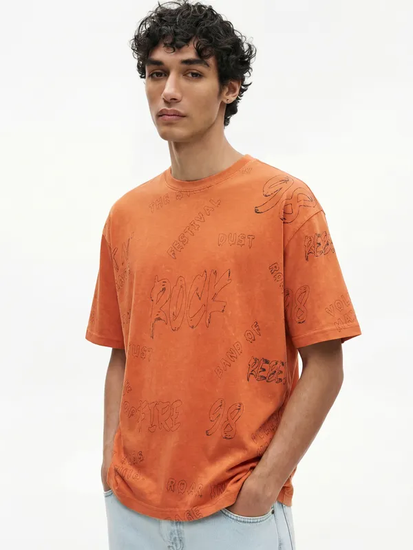 Highlander Men Orange Printed Round Neck T-Shirt