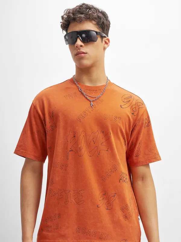 Highlander Men Orange Printed Round Neck T-Shirt