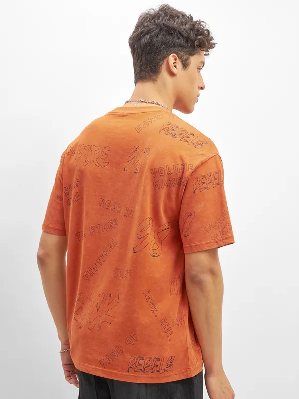 Highlander Men Orange Printed Round Neck T-Shirt