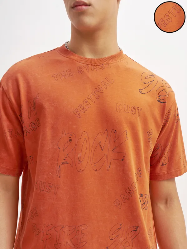 Highlander Men Orange Printed Round Neck T-Shirt