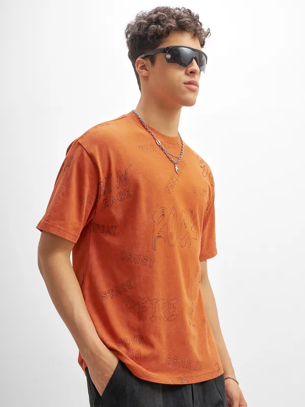 Highlander Men Orange Printed Round Neck T-Shirt