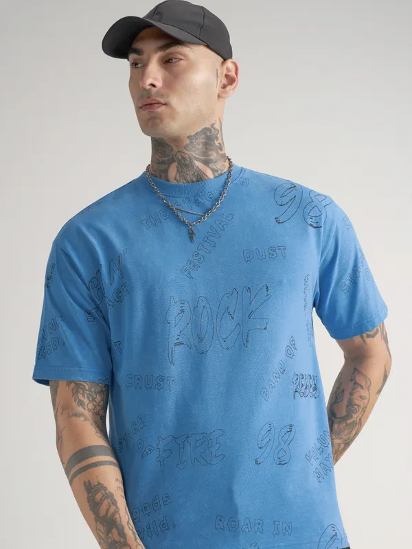 Highlander Men Blue Printed Round Neck T-Shirt