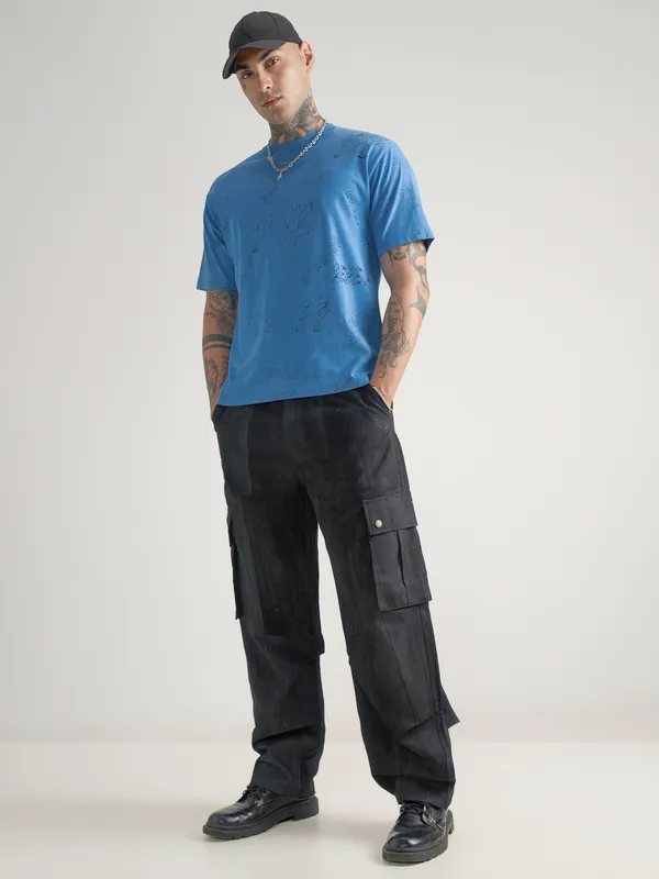 Highlander Men Blue Printed Round Neck T-Shirt