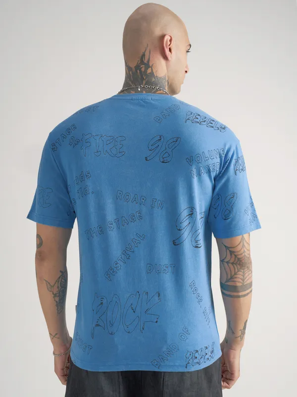 Highlander Men Blue Printed Round Neck T-Shirt