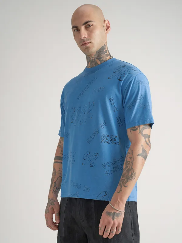 Highlander Men Blue Printed Round Neck T-Shirt