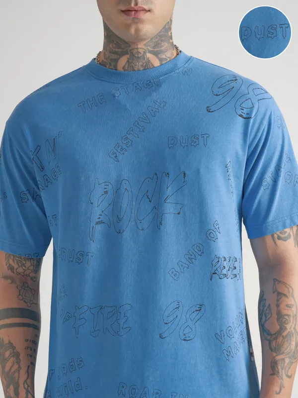 Highlander Men Blue Printed Round Neck T-Shirt
