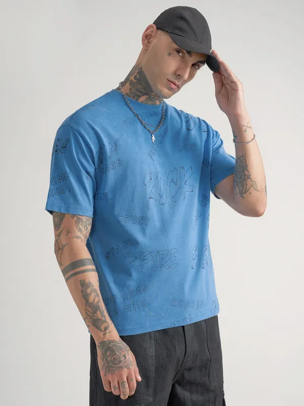 Highlander Men Blue Printed Round Neck T-Shirt