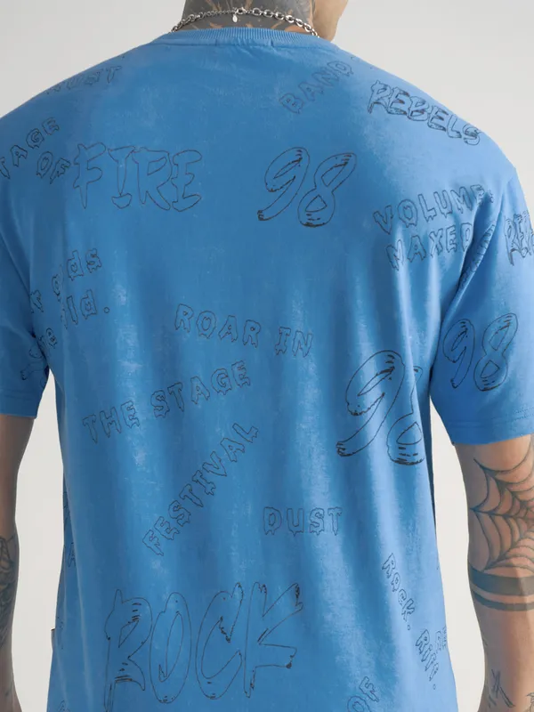Highlander Men Blue Printed Round Neck T-Shirt