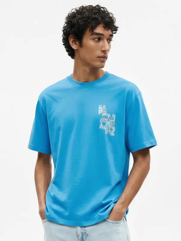 Highlander Men Blue Printed Round Neck T-Shirt