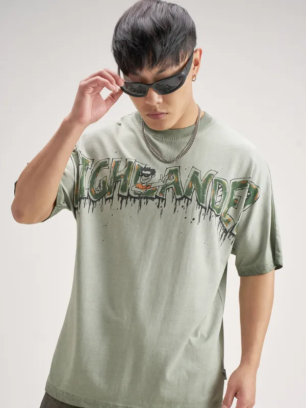 Highlander Men Olive Printed Round Neck T-Shirt