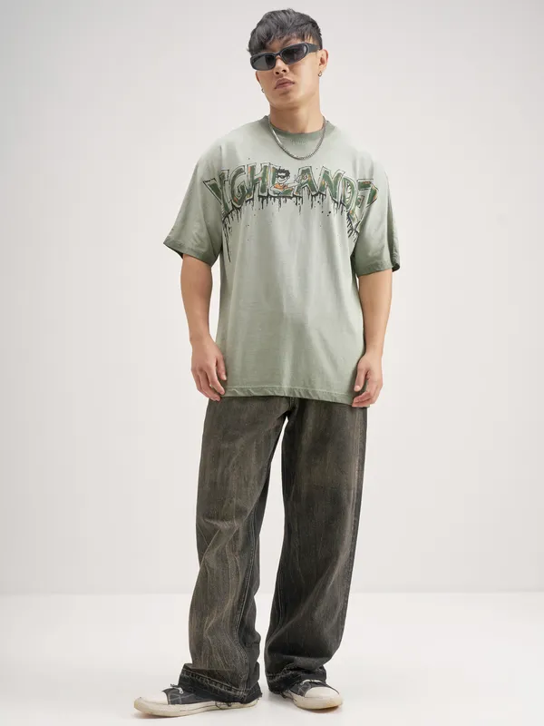 Highlander Men Olive Printed Round Neck T-Shirt