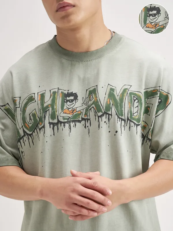 Highlander Men Olive Printed Round Neck T-Shirt