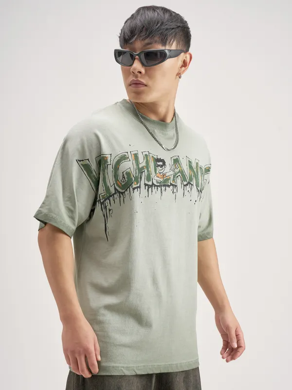 Highlander Men Olive Printed Round Neck T-Shirt