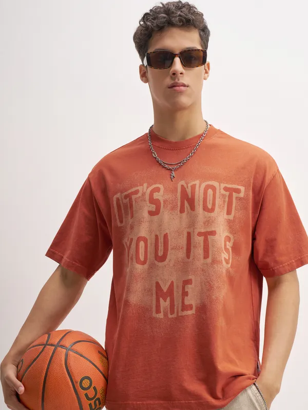 Highlander Men Orange Printed Round Neck T-Shirt