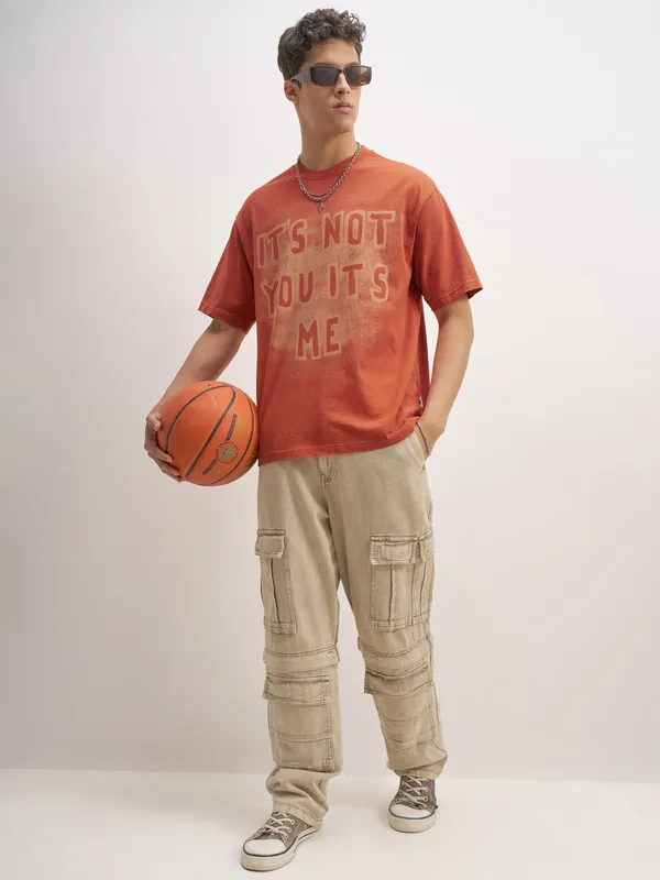 Highlander Men Orange Printed Round Neck T-Shirt