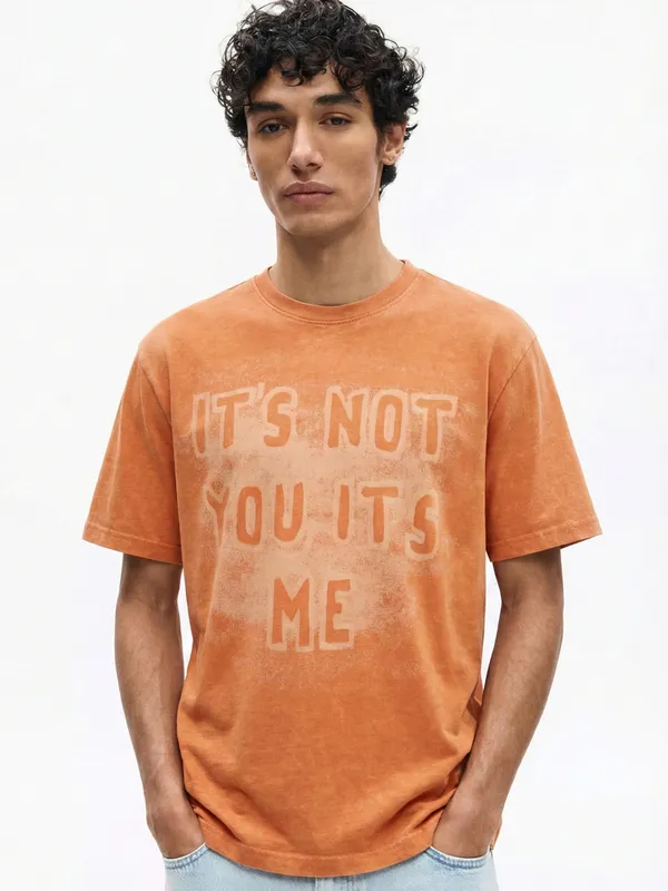 Highlander Men Orange Printed Round Neck T-Shirt
