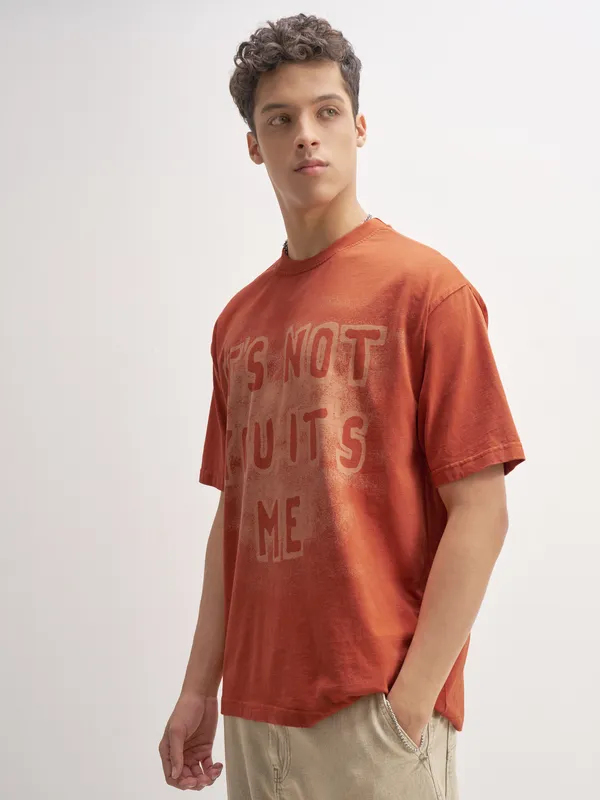 Highlander Men Orange Printed Round Neck T-Shirt