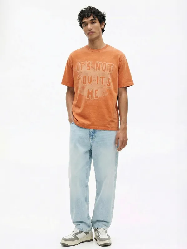 Highlander Men Orange Printed Round Neck T-Shirt