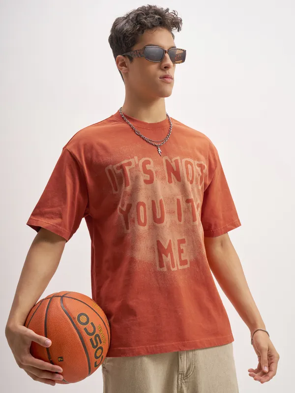 Highlander Men Orange Printed Round Neck T-Shirt