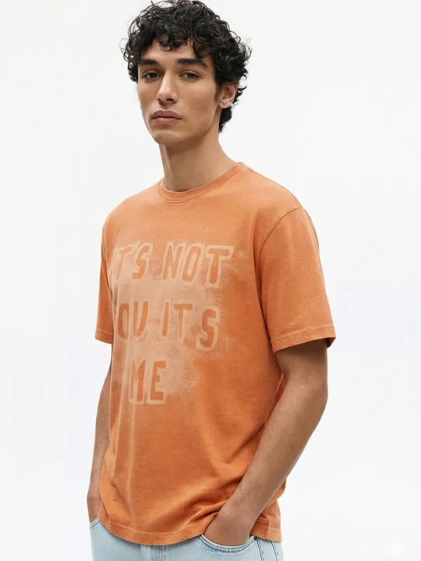 Highlander Men Orange Printed Round Neck T-Shirt