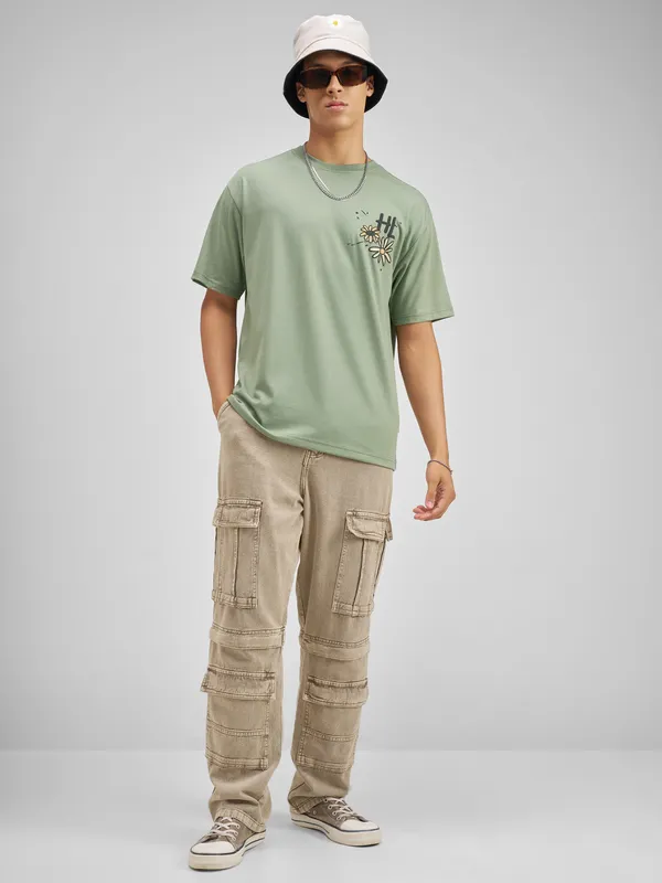 Highlander Men Olive Printed Round Neck T-Shirt