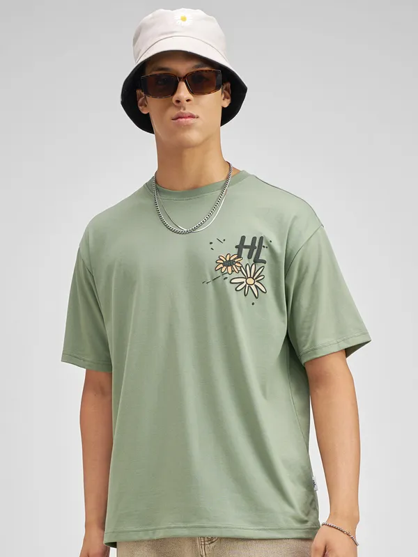 Highlander Men Olive Printed Round Neck T-Shirt