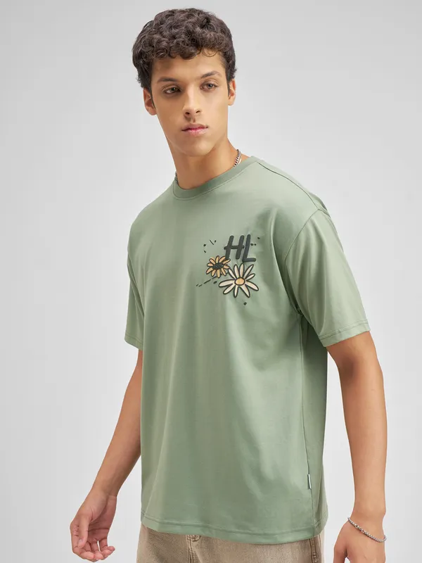 Highlander Men Olive Printed Round Neck T-Shirt