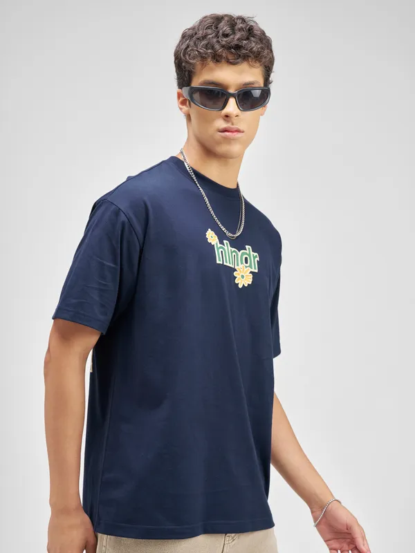 Highlander Men Navy Blue Printed Round Neck T-Shirt