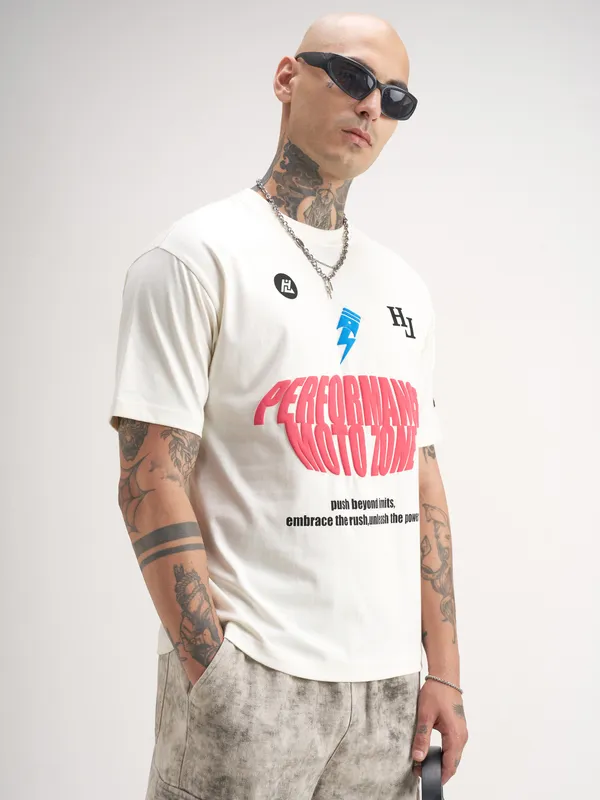 Highlander Men Off White Printed Round Neck T-Shirt