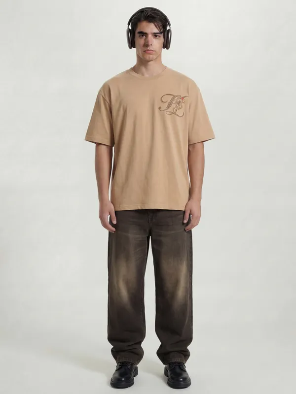 Highlander Men Tan Printed Round Neck T-Shirt