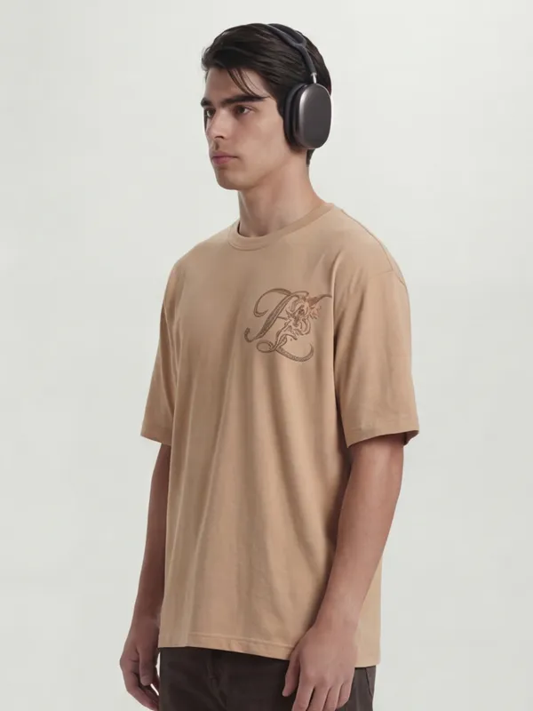 Highlander Men Tan Printed Round Neck T-Shirt