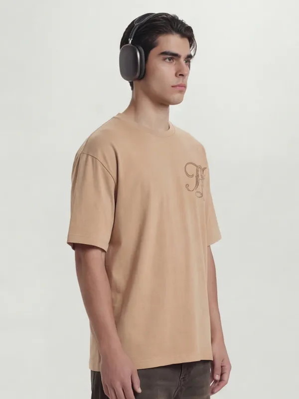 Highlander Men Tan Printed Round Neck T-Shirt