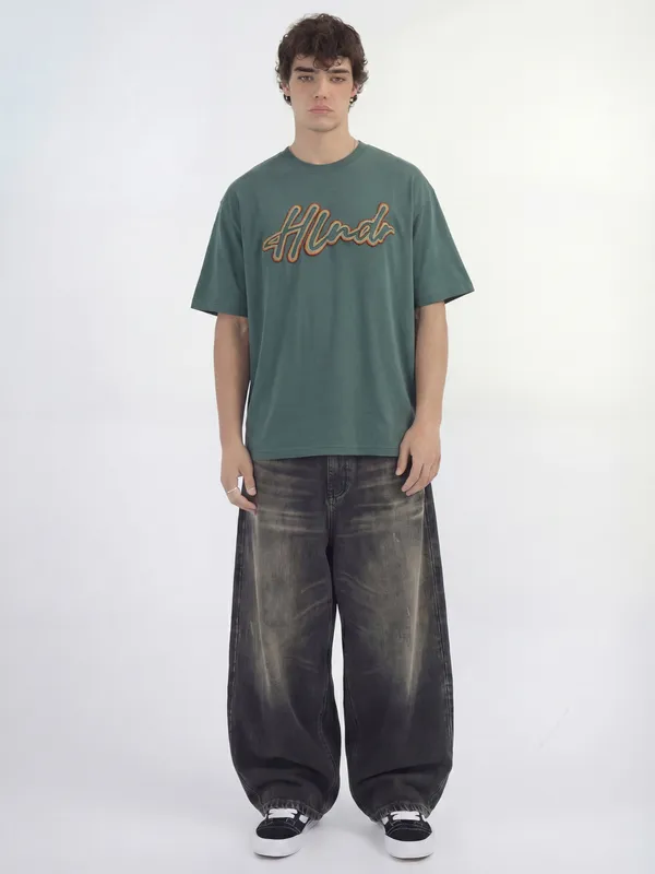 Highlander Men Teal Embroidered Round Neck T-Shirt