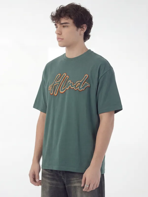 Highlander Men Teal Embroidered Round Neck T-Shirt