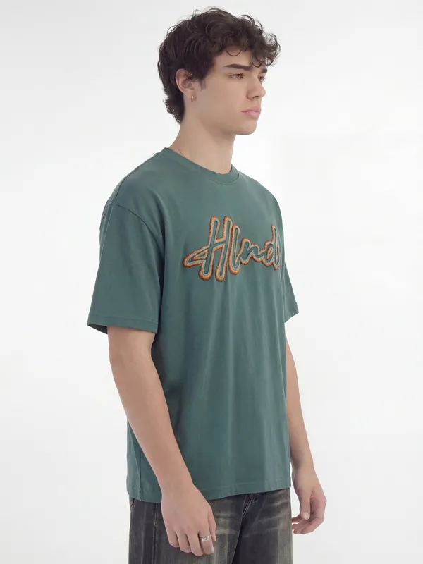 Highlander Men Teal Embroidered Round Neck T-Shirt