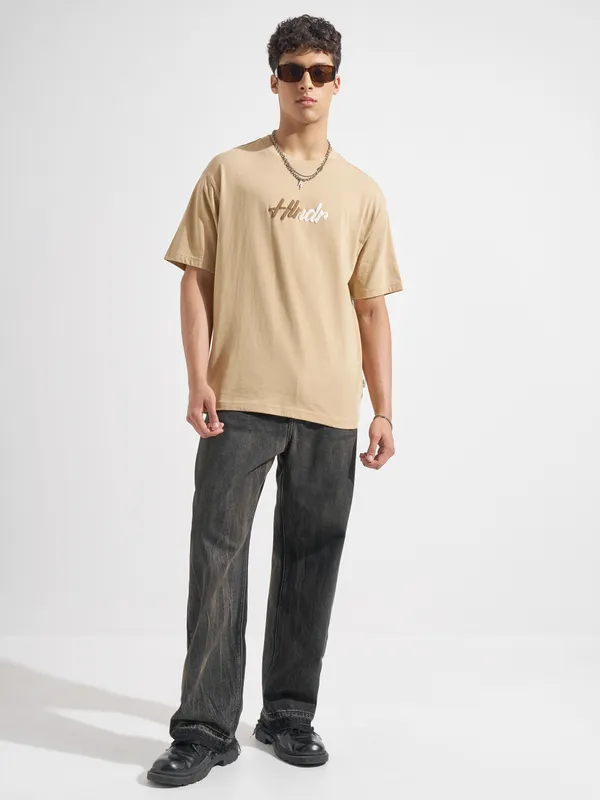 Highlander Men Beige Printed Round Neck T-Shirt