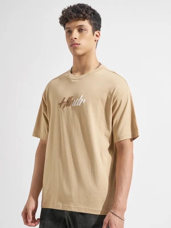 Highlander Men Beige Printed Round Neck T-Shirt