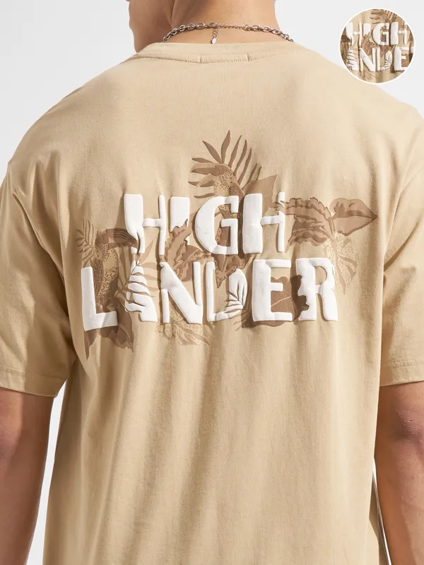 Highlander Men Beige Printed Round Neck T-Shirt